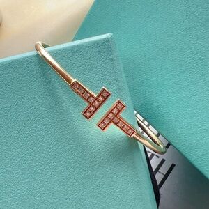 Tiffany & Co 18K Gold Diamond T Wire Bracelet S